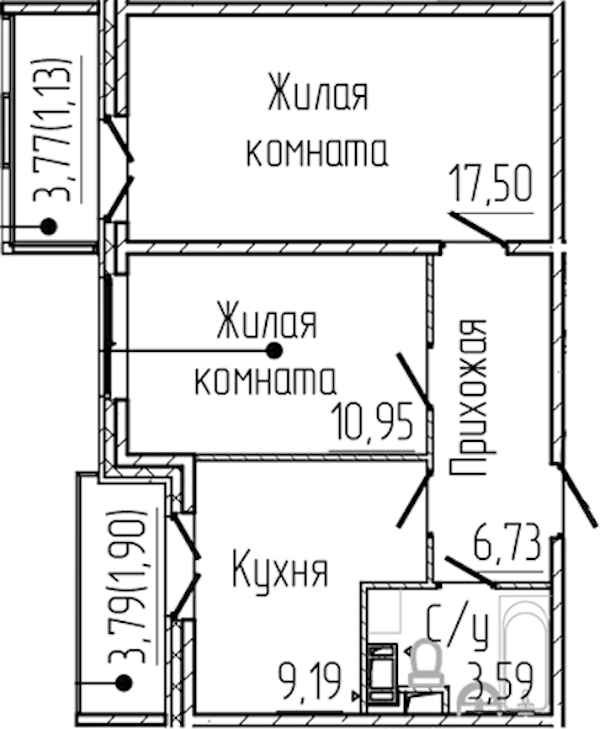 2-комнатная квартира 50.99 м², 7/8 эт., ЖК «SERTOLOVO PARK»